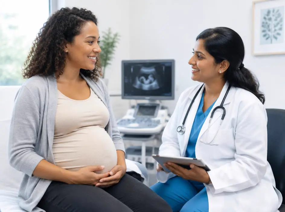 A gynecologist talking with a pregnant patient