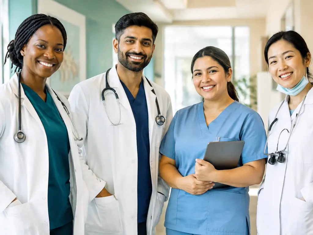 Diverse healthcare professionals in a modern clinic