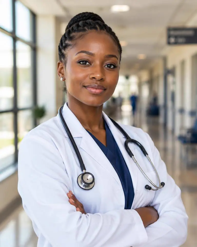 A healthcare professional in a hospital corridor