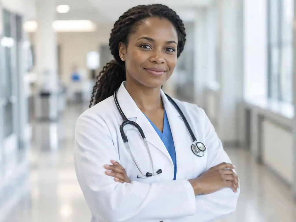 A healthcare professional in a hospital corridor